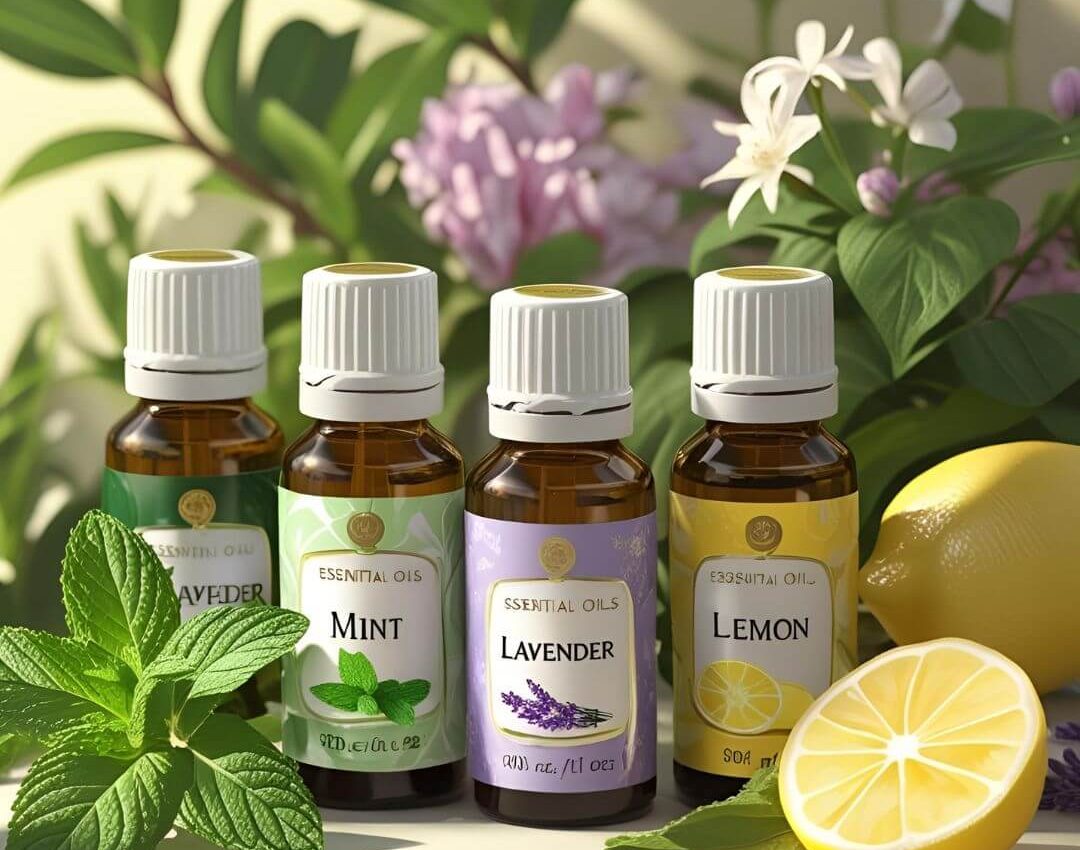 flacons d’huiles essentielles (menthe, lavande, citron) sur fond estival - FLORANATURA.tn
